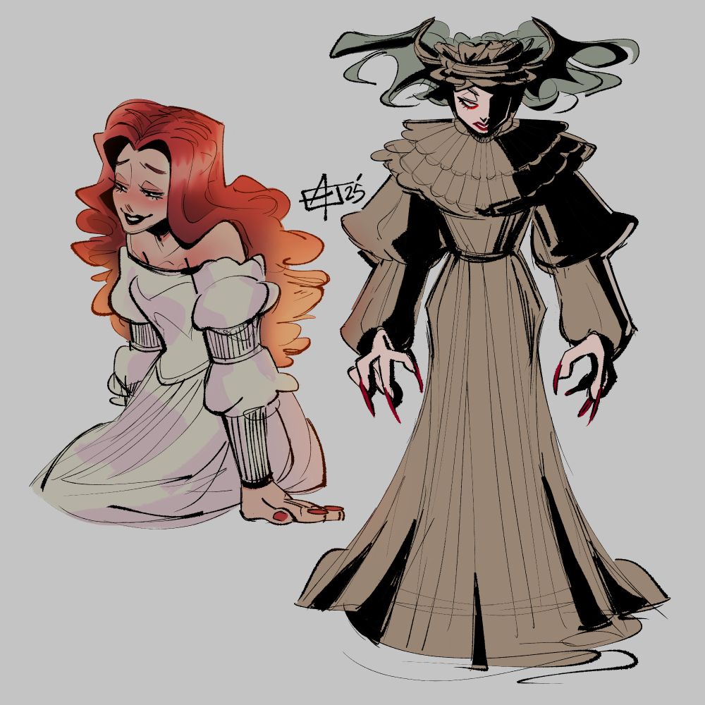 Sketches of Lucy Westenra from Dracula, specifically from the Francis Coppola version. The first sketch is her in her casual gown, and the second one she's in her coven gown when she's a vampire.