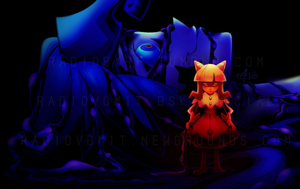 Illustration of Gwen and Olivia from Knights of Guinevere. Gwen's head lays flat in a profile angle wrapped up in organs while Olivia in a smaller scale stands in front holding the end piece of the innards.