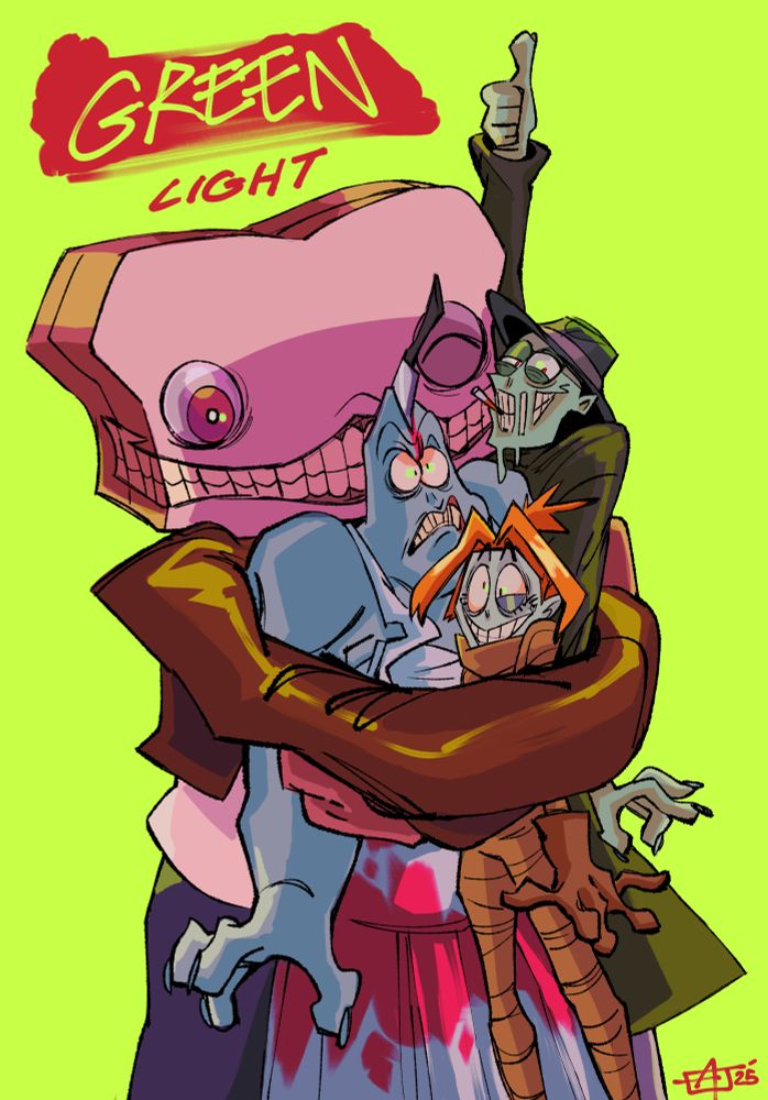 An illustration of The Gaslight District celebrating the show getting a 1st season. Breadhead is seen embracing Mel, Ken and Mud all at once.