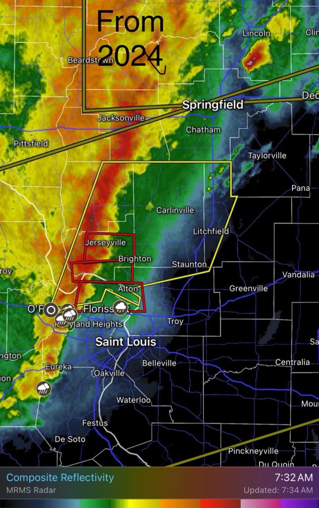 Radar and warnings from March 14, 2024. Shows a line of storms just northwest of St Louis showing 3 tornado warnings and a large severe thunderstorm warning