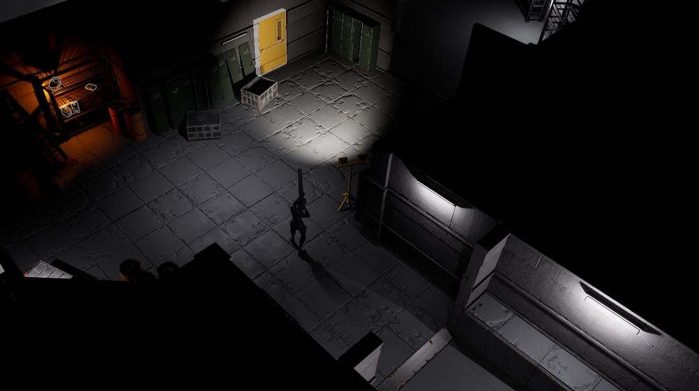A dark and gritty game environment set in an old factory with concrete floor tiles and walls. Theres a yellow door being highlighted from a spotlight, and a stash of supplies finds its home in the flickering light of candles on a industrial shelf.
