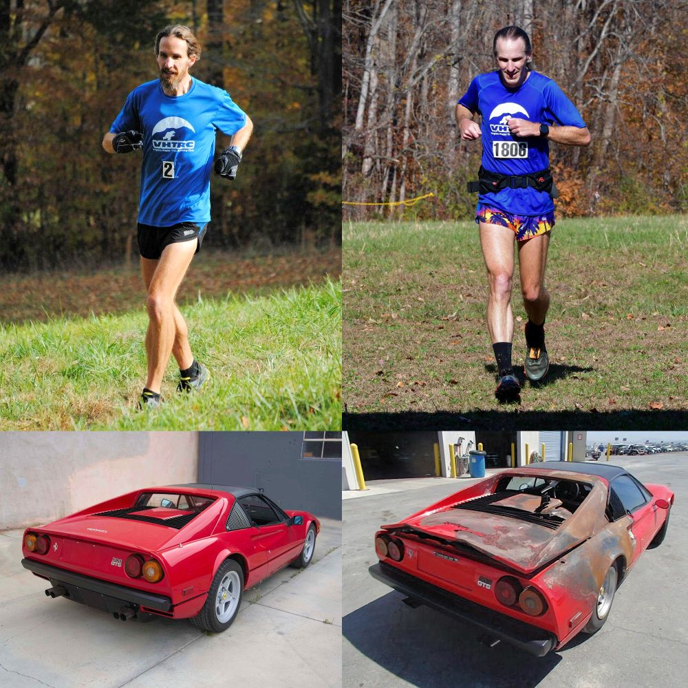 At top left, an energetic and vibrant young man with flowing brown hair and a snappy beard dashes comfortably across a grass field in November 2012. Pictured beneath this is a pristine red Ferrari 308 GTS. At top right, a decrepit old man with thinning grey hair gasps and winces his way across a grass field in November 2025. Beneath this is shown a completely trashed Ferrari 308 GTS.
