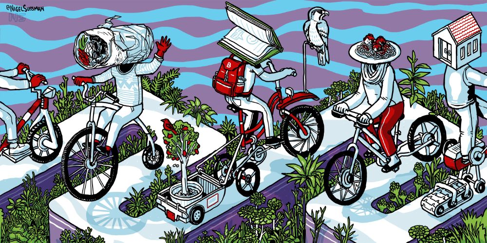 isometric illustration of characters riding different types of bicycles, one with a head of a burrito, a book, a plate of spaghetti, and a house