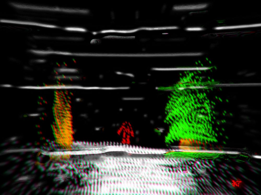 This digital art piece attached below emulates the aesthetic of LIDAR (Light Detection and Ranging) imaging, capturing a ghostly, data-driven view of a surreal landscape. The scene appears as if rendered through the lens of a depth-scanning sensor, with minimal color and fragmented detail evoking a sense of technological observation. Two prominent, point-cloud-like structures-an orange form of a tree base form on the left and a green, coniferous shape on the right-resemble stylized trees, their outlines shimmering with digital interference. At the center stands a small, red figure slightly farther away, faint and abstract, as if caught mid-scan or struggling to be fully defined by the system. Horizontal scan lines and chromatic distortion reinforce the feeling of artificial perception, while the monochromatic snow-like surface adds a sense of eerie stillness. The entire composition suggests a moment suspended in synthetic vision-both haunting and beautiful in its alien precision.