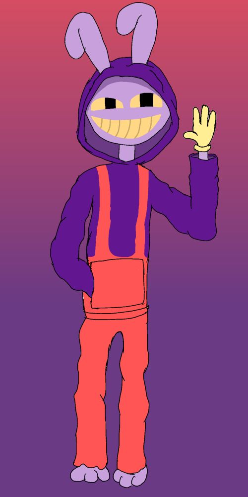 A poorly drawn image of Jax from The Amazing Digital Circus, wearing a hoodie. Dated December 17 2023