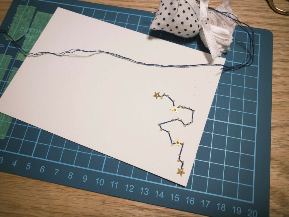 紙刺繍の作業中の写真
カッティングマットの上に、星座の刺繍をしている途中の白いハガキサイズの紙