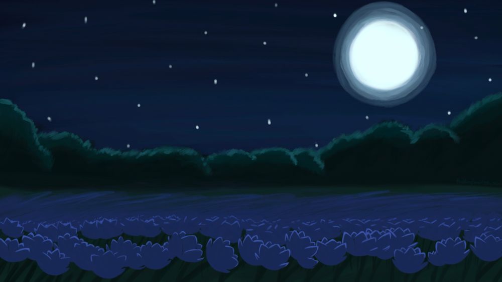 Digital drawing of a night sky and a field of blue flowers