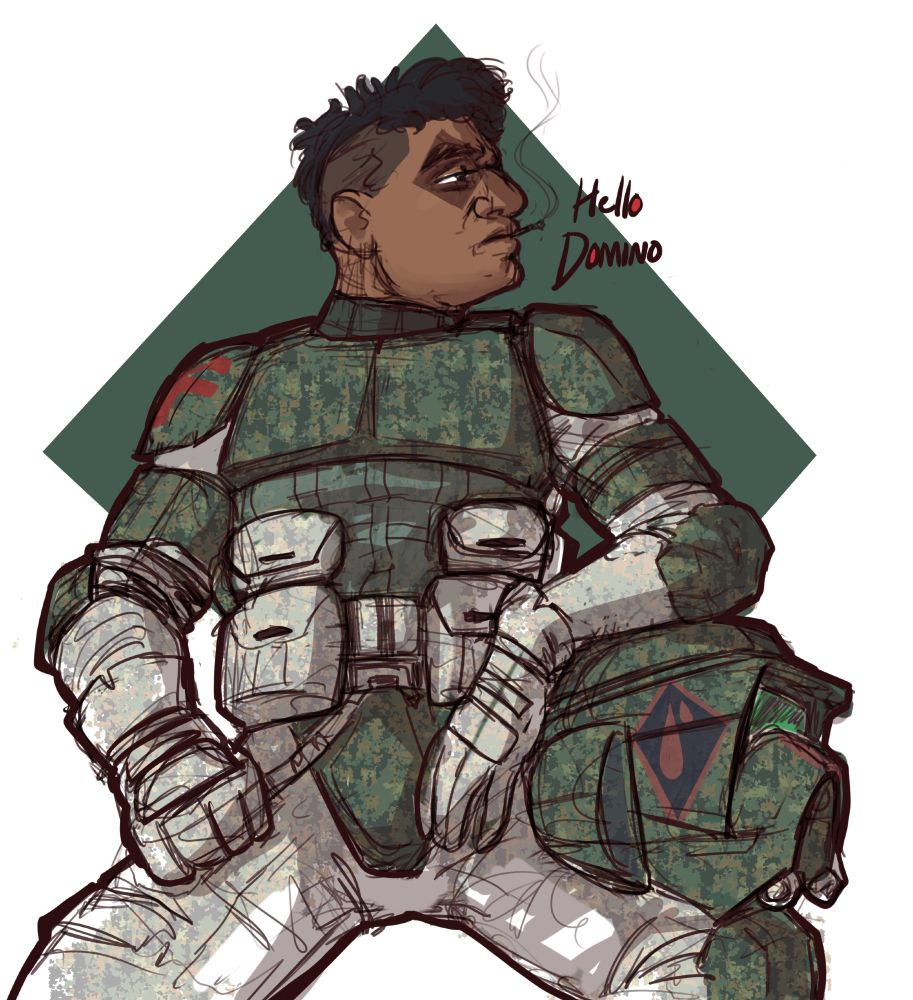 Digital illustration of clone scout medic Domino. He is sitting with his right hand resting on his right leg, and his left arm resting on his helmet which is propped up on his left leg. He's wearing green camouflage armor over a light colored jumpsuit that also has camo on it, along with gloves and belts with various sized pouches. His head is turned and looking to the right and he has an unimpressed look on his face, he is also smoking a cigarette and has a large tattoo in the shape of a diamond that covers his right eye. His helmet has the same diamond on it but is black and red with two blood drops inside it. The words "hello domino" appear next to his head and there is a green diamond shape in the background