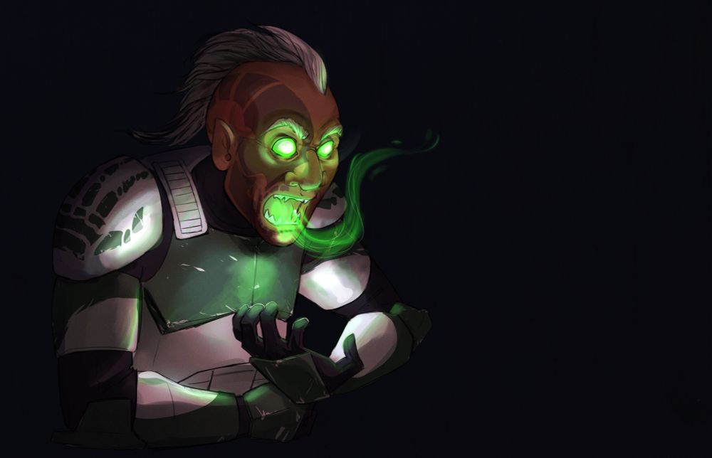 Clone trooper original character Reaper. He is hunched over with his arms and hands curled in towards his chest. He appears to be possessed by some entity as he has glowing green eyes and glowing magical fire pouring from his mouth. He has tan skin with a demon skull tattoo on the right side of his face and white hair that he wears in a Mohawk style. His armor is white and dark green with a skeletal hand painted on the shoulder bell