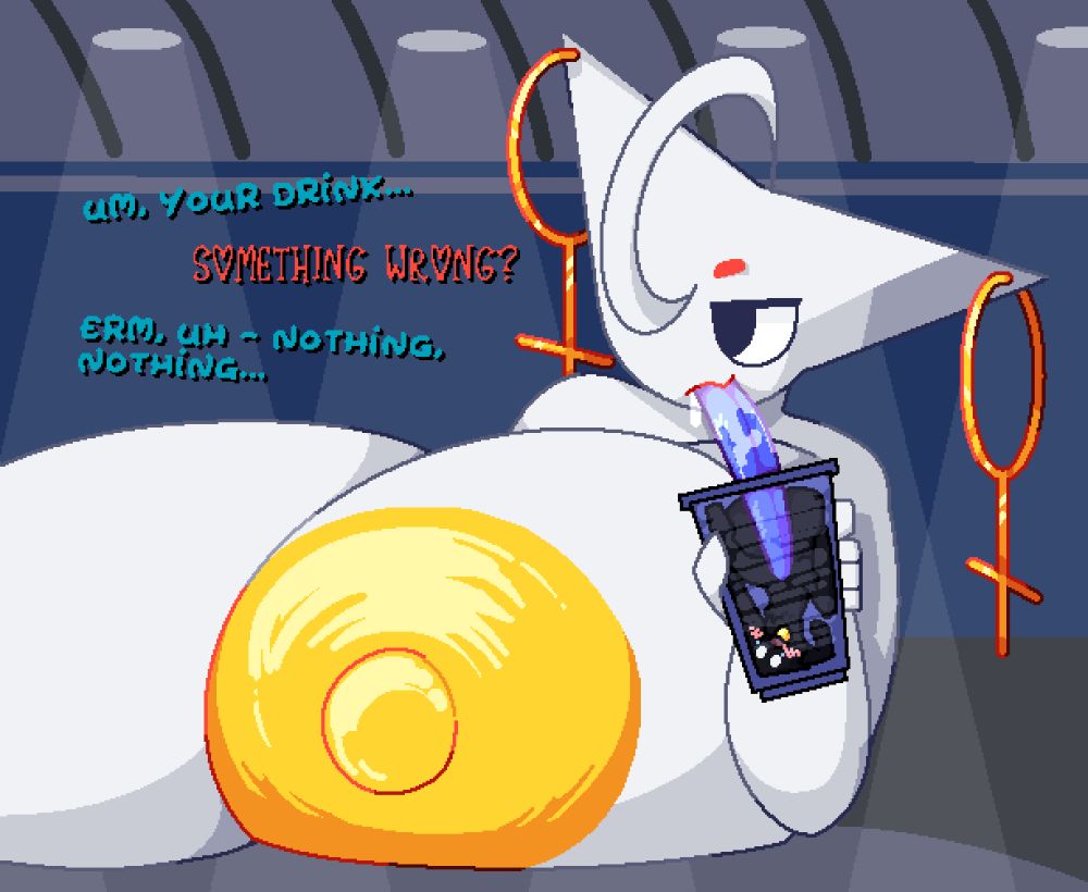 premier and debut macro micro drawing, where premier is large with her breasts on the table, and debut is small trapped in a plastic drink cup, with his cock stuck through the straw opening of the cup she's holding