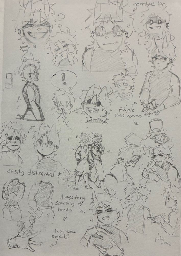 Sketch page of Andrew Chance, worked on his mannerisms and body language