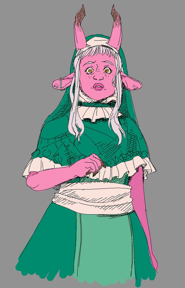sketch of Tyranny from Critical Role, a pink goat-eared demon in a frilly green nun's habit