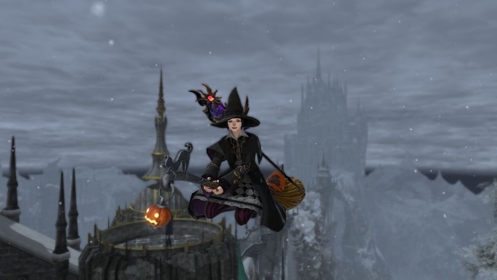 Samus Crankpork, a Miqo'te catgirl from Final Fantasy XIV, riding on a broom, with a gothic castle in the distance.  She's wearing ornate black robes, and a pointed, brimmed witch's hat, and purple striped/diamond stockings.  There's a pumpkin hanging off the front of the broom, and she's got a magical staff on her back.