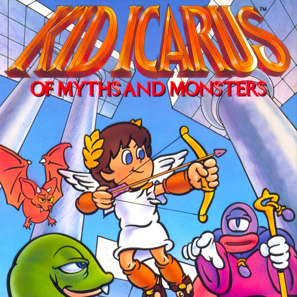 The cover for the game "Kid Icarus: Of Myths and Monsters" for the Game Boy.

A brown haired, blue eyed boy in a white robe, with small angel wings and a gold leaf crown is pulling back an arrow in a bow.

The boy is surrounded by monsters:  A purple one eyed wizard style thing with a head that looks like an eggplant, white gloves, and a golden staff with a smaller eggplant hanging off it, a really sassy looking green snake, and an unimpressed looking orange bat with horns.