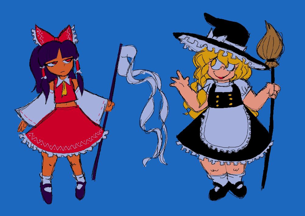 Doodles of Reimu Hakurei and Marisa Kirisame in a more cartoony style