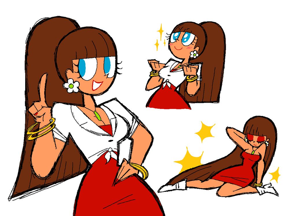 A collection of drawings of an adult Robin Snyder from The Powerpuff Girls. The very left drawing has her wagging her finger with her hand on her hands. Top right is her in a sort of success pose. Bottom right is her on the floor posing as model, with her white tied shirt removed