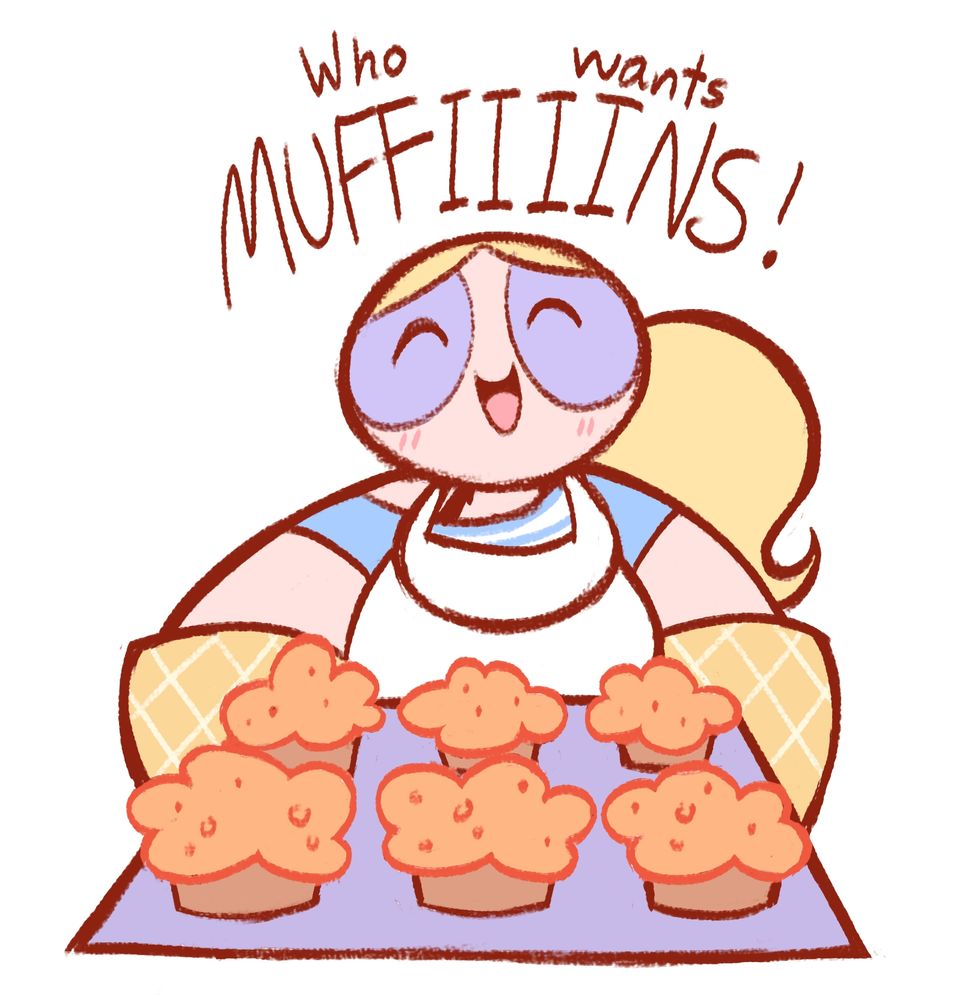 A colored sketch of an adult Bubbles from The Powerpuff Girls cheerly holding out a tray of muffins. She says "Who wants muffiiiins!"