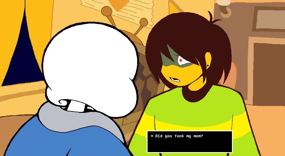A redraw of a scene from It's Always Sunny in Philadelphia where Charlie asks a mall Santa if he had intercourse with his mother, but Charlie is replaced with Kris and the mall Santa with Sans, both from Deltarune. There is a text box on Kris that reads "Did you fuck my mom?"