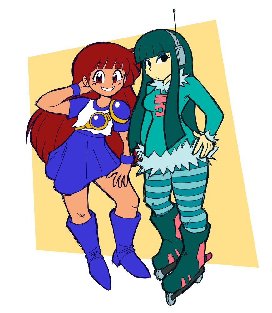 A drawing of Arle Nadja from Puyo Puyo and Mew from Jet Set Radio both with long hair standing next to each other. Arle has her right hand slightly behind her head and her left on her leg while smiling. Mew is standing with her left hand on her hip