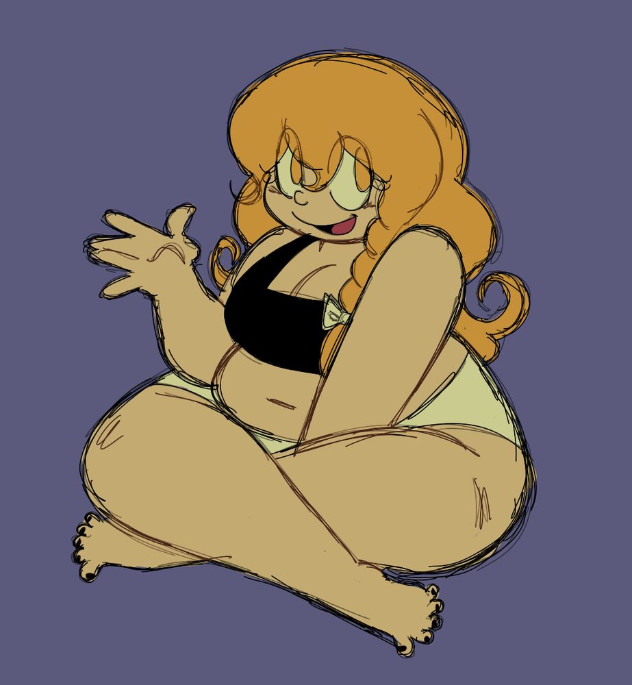 A drawing of Marisa Kirisame from the Touhou Project in pajamas sitting with her legs crossed. She is depicted in a cartoony art style and unlike her source material, has a chubbier body type.