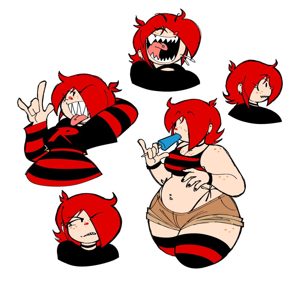 Various sketches of my character Renfy. Clockwise from very left: Renfy gesturing with the sign of horns while her other arm is behind her head. She is mischievously grinning while sticking her tongue out | Renfy laughing | Bust facing right side profile of Renfy | Renfy eating a popsicle while in summer attire, consisting of a tank top, thong, shorts, and thigh highs | Renfy giving off a slight snarl while her eyes look off to the side