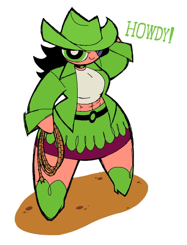 An MS Paint drawing of an adult Buttercup from The Powerpuff Girls as a cowgirl. She is holding rope with her right hand, and tipping her hat with her left. She is winking. There is text next to her that says "Howdy!"