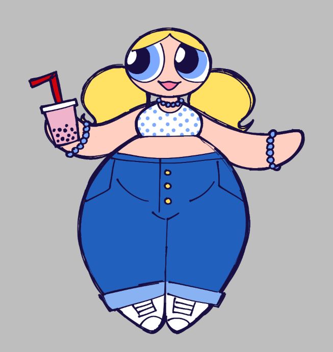A drawing of a young adult Bubbles holding bubble tea