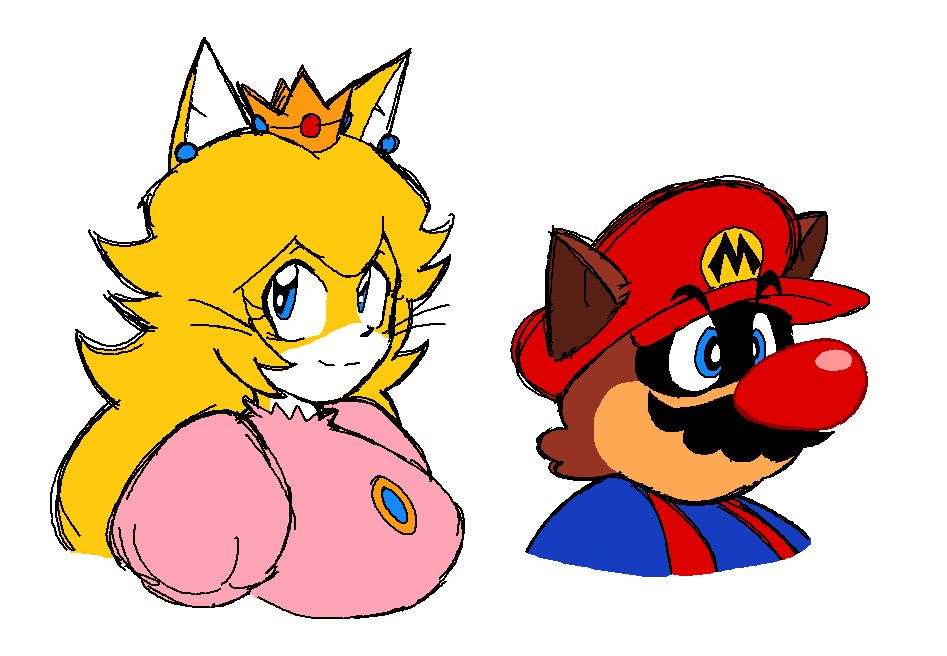 Bust doodles of an anthropomorphic animal versions of Princess Peach and Super Mario. Peach is a cat and Mario is a tanooki