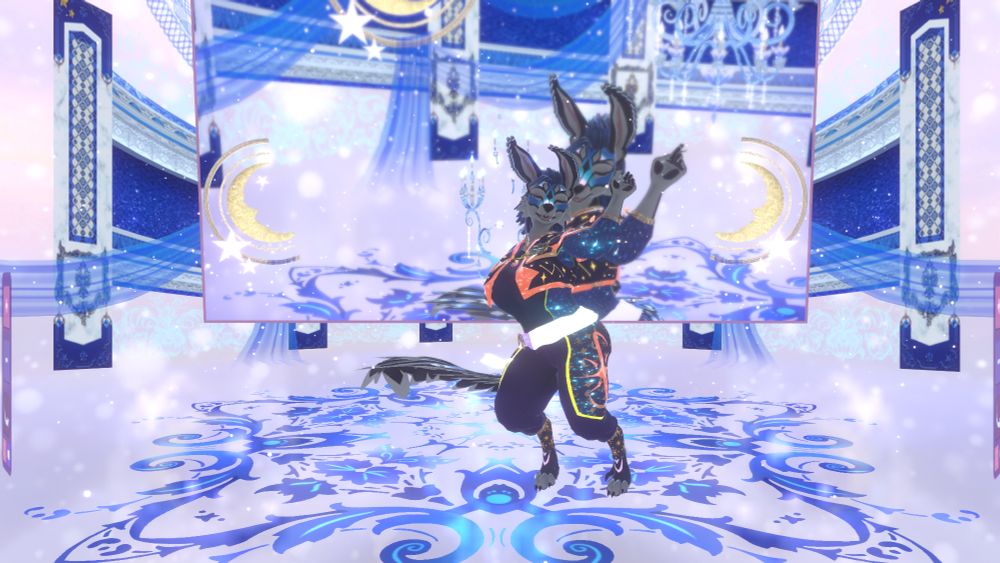 Skye the Jex. She is blue and white in color with a feathery raptor tail. Her eyes are closed as she is vibing to the song. She is dressed for the occasion, in a Somna Tunic, which is lit up in response to the music. Her badge is on her chest.