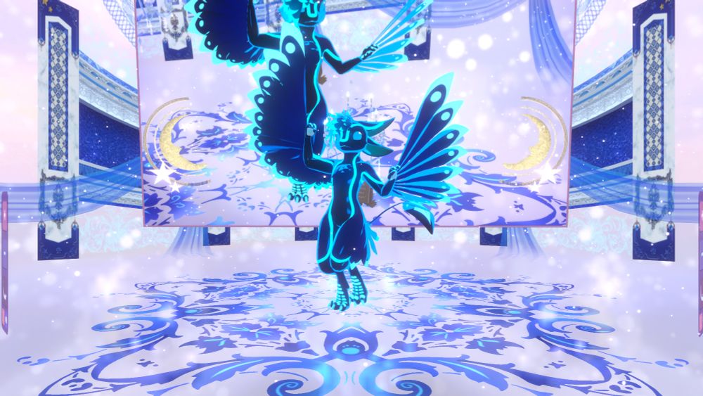 Cipher the Digital Avali dancing in front of a screen in a MMD World. The birb is glowing shades of blue and has a Somna badge affixed to her back.