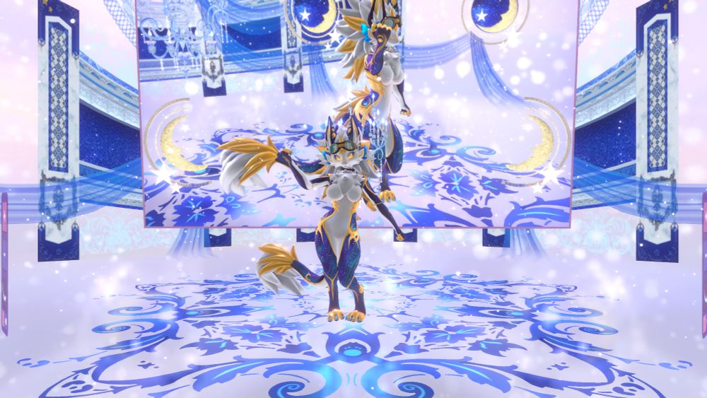 A Novabeast retextured with the Astral Guardian texture set. She is White, Gold, and shades of swirling Blue in color with small stars breaking up the Blue. She is tentatively named Celeste. Her badge is on her collar.