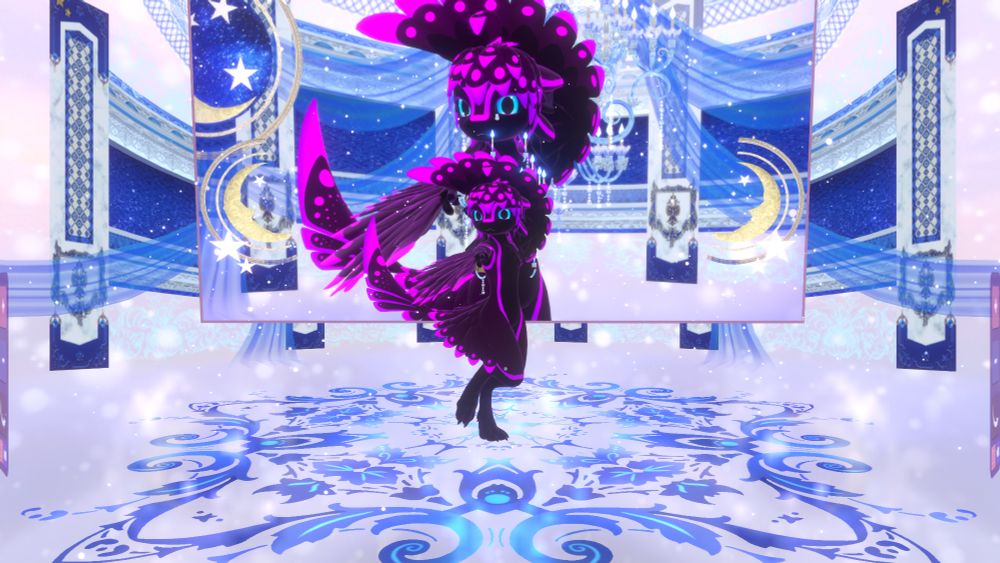 Eden the Dark World Avali, also the TTS Avali used in my twitch streams.
She is various shades of purple, from dark to bright, with blue eyes. She too is dancing in front of a screen on stage. She has a badge affixed to her back as well.