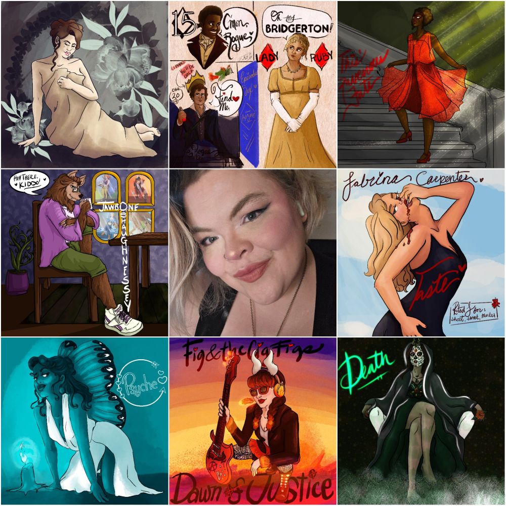 9 images on a grid. Number 1, A drawing of a brunette in a sheet in Mucha style. Number 2, a set of doodles from the Doctor Who episode Rouge, ft Rogue, the 15th doctor and ruby sunday. Number 3 a drawing of a young black woman on some concrete stairs, in a red 1920s dress, flashing vampire teeth. Number 4, art of a werewolf named Jawbone in shorts and cardigan, sitting at a table and sipping coffee in front of some framed photos of his adoptive kids and his partner. Number 5, a photo of the artist, Lauren, a chubby, white, blonde enby with sick makeup. Number 6, based of the song taste, art of Sabrina carpenter, a petite blonde woman, with her neck at a deadly angle, licking blood off her hand. Number 7, art of the mythologic woman named psyche with butterfly wings, with a candle glowing. Number 8, art of an album by Fig (and the cig figs) from Dimension20 titled Dawn of Justice, a tiefling with white horns, brown hair with flame tips, squatting with her sick bass as her girlfriends fire feather glows. Number 9, Death, in a long robe w a sugar skull like mask, based on Aubrey Plaza in agatha all along.