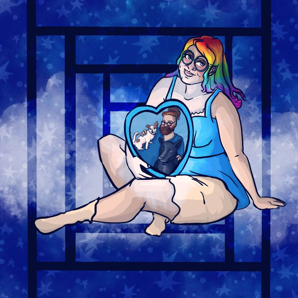 In front of a background of deep blue stars sits Lauren, a femme non binary person with rainbow hair, wearing a baby blue tank top with cream lace, cream shorts, and cream socks. Their head is tilted towards the camera with a half smile, as they peer through baby blue glasses. In their lap is a mirror heart showing their husband and 2 dogs.