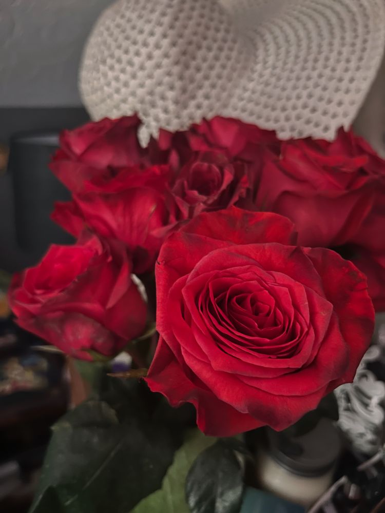 A bouquet of red roses. 