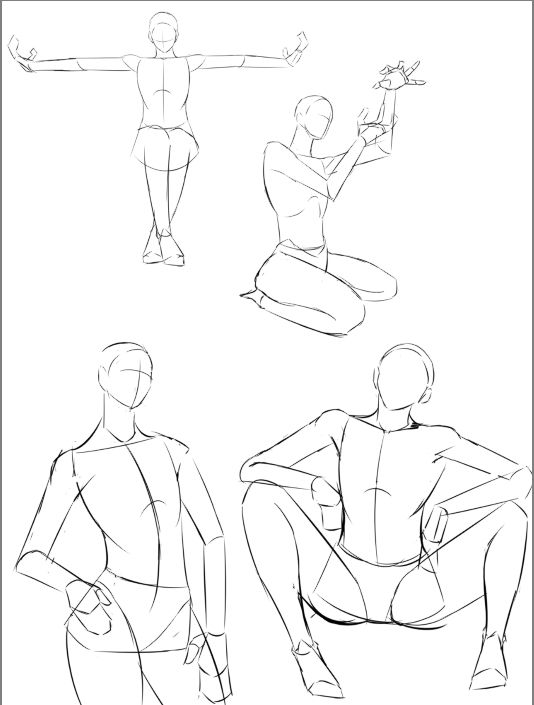 4 esboços de construção de manequim.
Pose 1: Pessoa sentada com os braços abertos
Pose 2: Pessoa ajoelhada no chão
Pose 3: Pessoa em pé com a mão no quadril e o torso levemente inclinado
Pose 4: Pessoa sentada com as pernas abertas e os braços apoiados nos joelhos 
