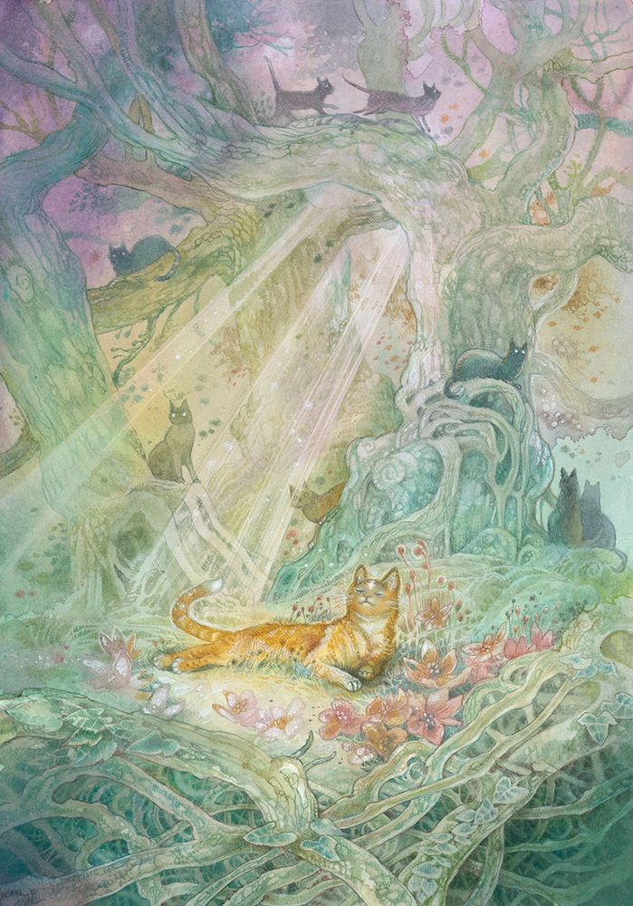 A drawin in warm and light tones of The Folk at the Rootwood.
Fritti (an orange tabby with a star shaped spot on his forehead) is lying in the foreground amongst red Flowers. He is bathing in rays of yellow light beaming through the canopy. Light green trees form the backdrop while a scattering of cat silhouettes is sitting amonst them. A purple haze in the upper quadrant adds a mystic tone.