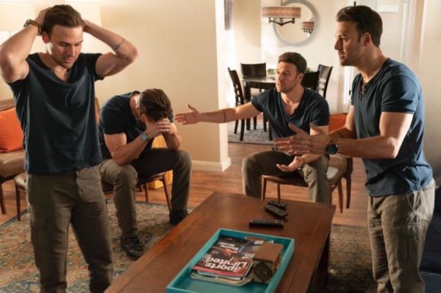 eddie diaz with this hands on his head, hands covering his face, arms open in a pleading type of way and his hands close together. he has a stressed expression on his face(s)