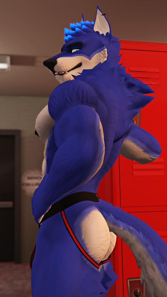 A blue and white anthro wolf stands in a locker room. They are wearing nothing but a black and red jock while looking suggestively at the camera.