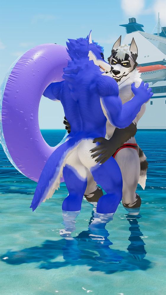 An anthro wolf and raccoon enjoying the beach 