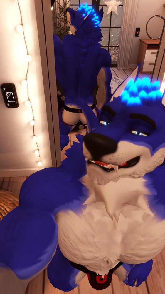 A blue wolf taking a lewd selfie in front of a mirror.