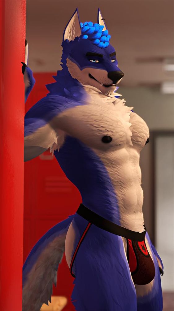 A blue and white anthro wolf stands in a locker room. They are wearing nothing but a black and red jock while looking suggestively at the camera.
