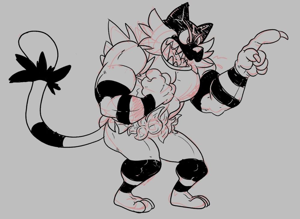 Incineroar drawn in a more western cartoon style, pointing accusingly and seemingly sneering vulgarities.