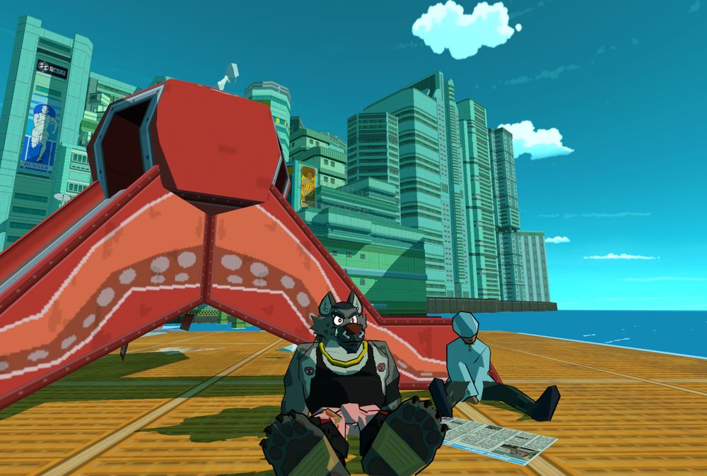 Zant Balisong sitting back against a playground slide on a tiny artificial island. Brink Terminal can be seen in the background. Zant sits next to a stranger who appears to be dozing off.

#BRC #BombrushCyberfunk #Phlashdark