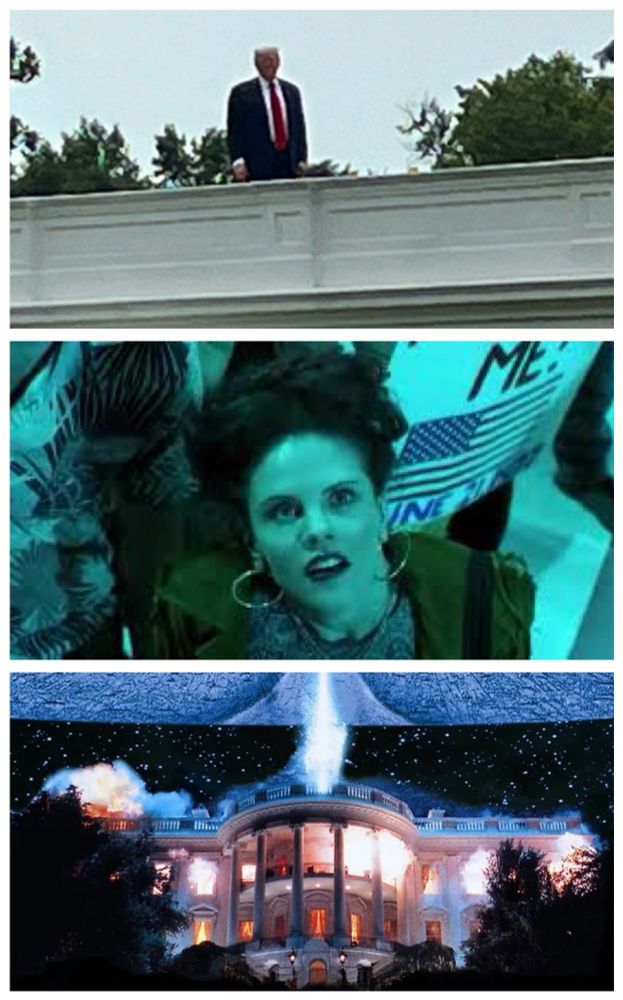 Trump on top of The White House
Tiffany from Independence Day on top of a building, welcoming the aliens.
The aliens blowing up The White House.