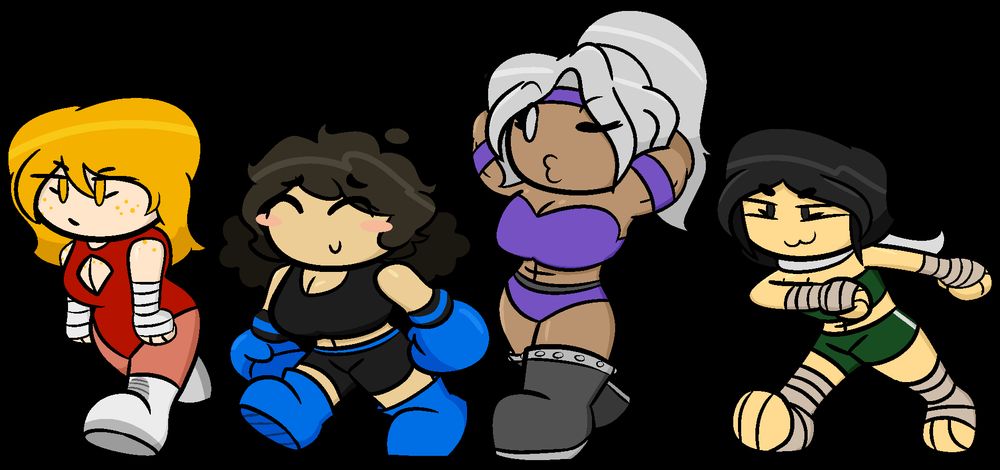 The ladies of Wrestle Kingdom's party. Manda the annoyed redhead wrestler, Mollie the masochistic latina boxer, Tessa the flirty sexfighter, and Mingxia the Korean gamer gremlin MMA fighter

Art by https://bsky.app/profile/spectralsluggin.bsky.social