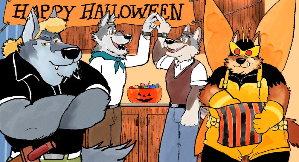 A costume party, with a big "Happy Halloween" banner on top.
Weston (dressed as Brock Samson), Wynter (dressed as Hank) William (dressed as Dean) and Walter (dressed as Henchman 21)