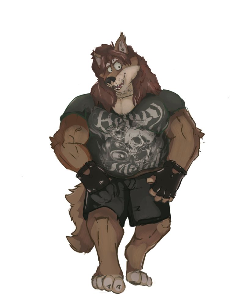 A brown furred werewolf with a notorious gut, weareing a shirt, shorts and fingerless gloves.