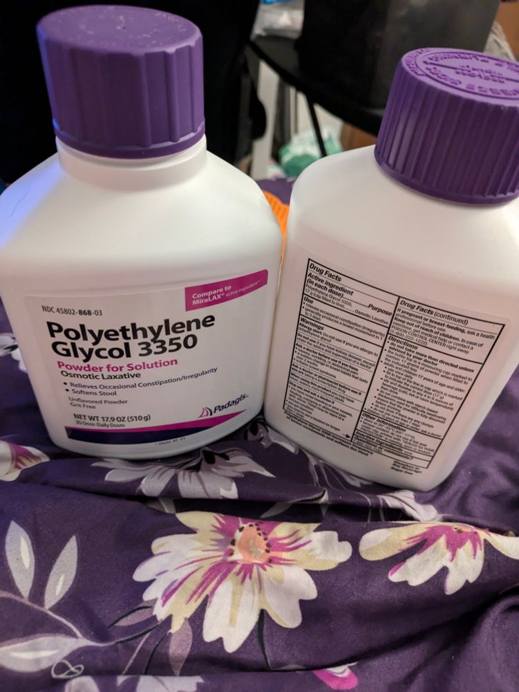 Two large bottles of polyethylene glycol 3350, a laxative comparable to MiraLax
