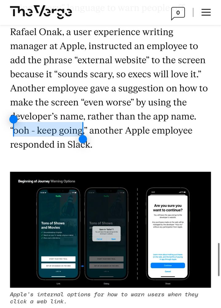 Rafael Onak, a user experience writing manager at Apple, instructed an employee to add the phrase “external website” to the screen because it “sounds scary, so execs will love it.” Another employee gave a suggestion on how to make the screen “even worse” by using the developer’s name, rather than the app name. “ooh - keep going,” another Apple employee responded in Slack. 